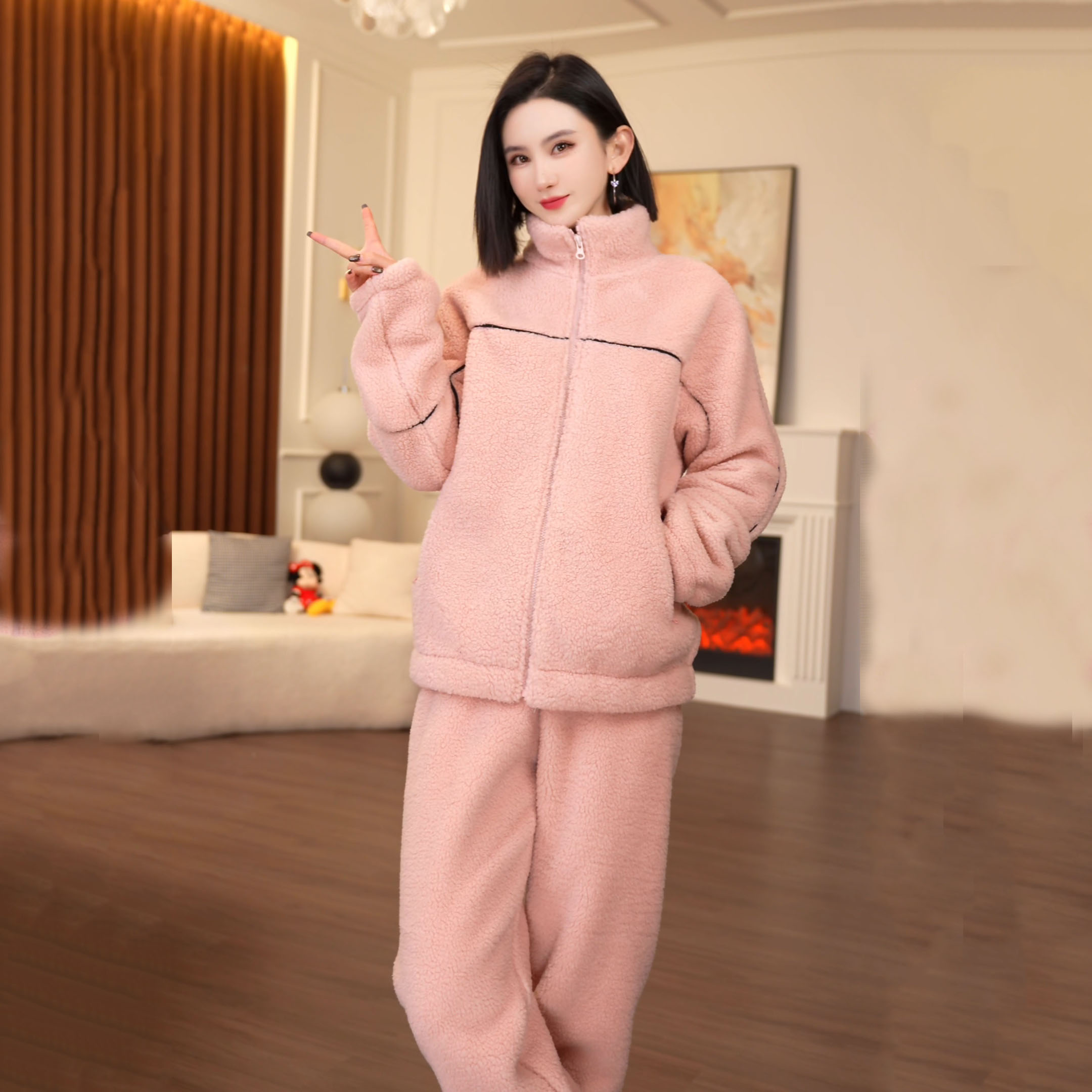 2025新款冬款立领女款颗粒绒可外穿加绒加厚睡衣套装休闲家居服