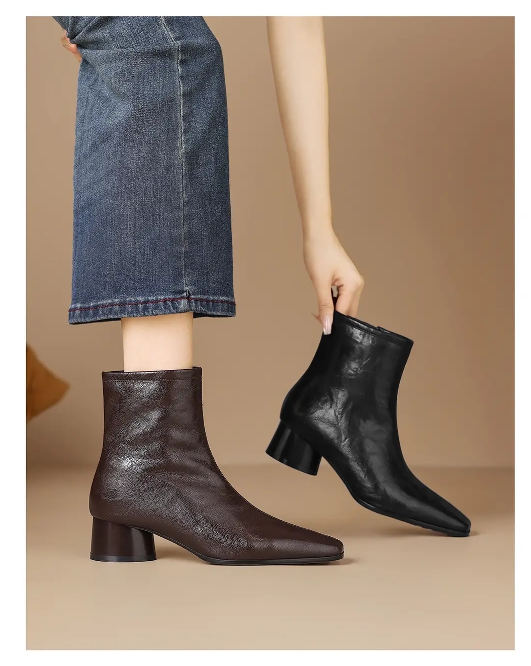 秋冬新款牛皮4cm方头粗跟保暖短靴女马丁靴舒适百搭法式防滑耐磨