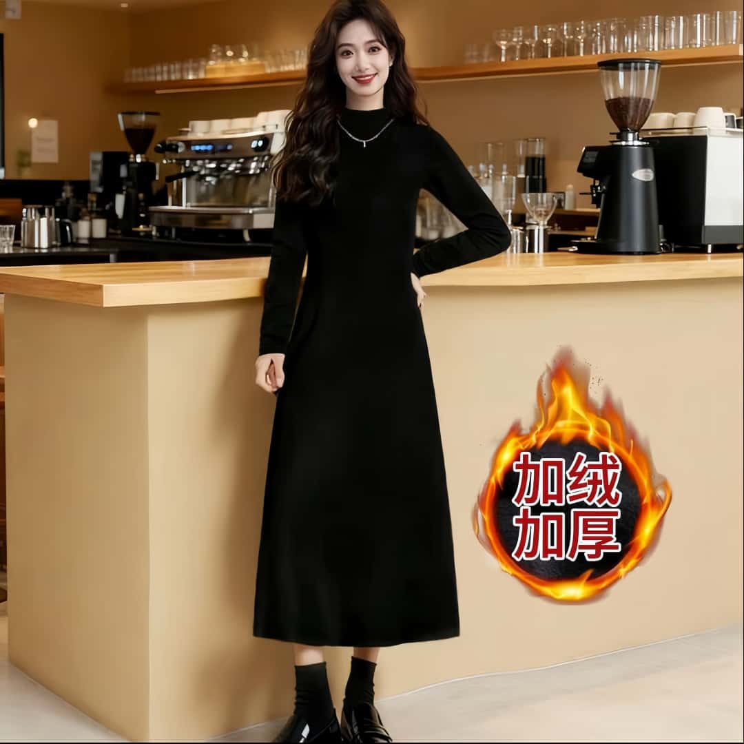 (现货+运费险)半高领秋冬长袖黑色连衣裙A字裙显瘦宽松打底裙女