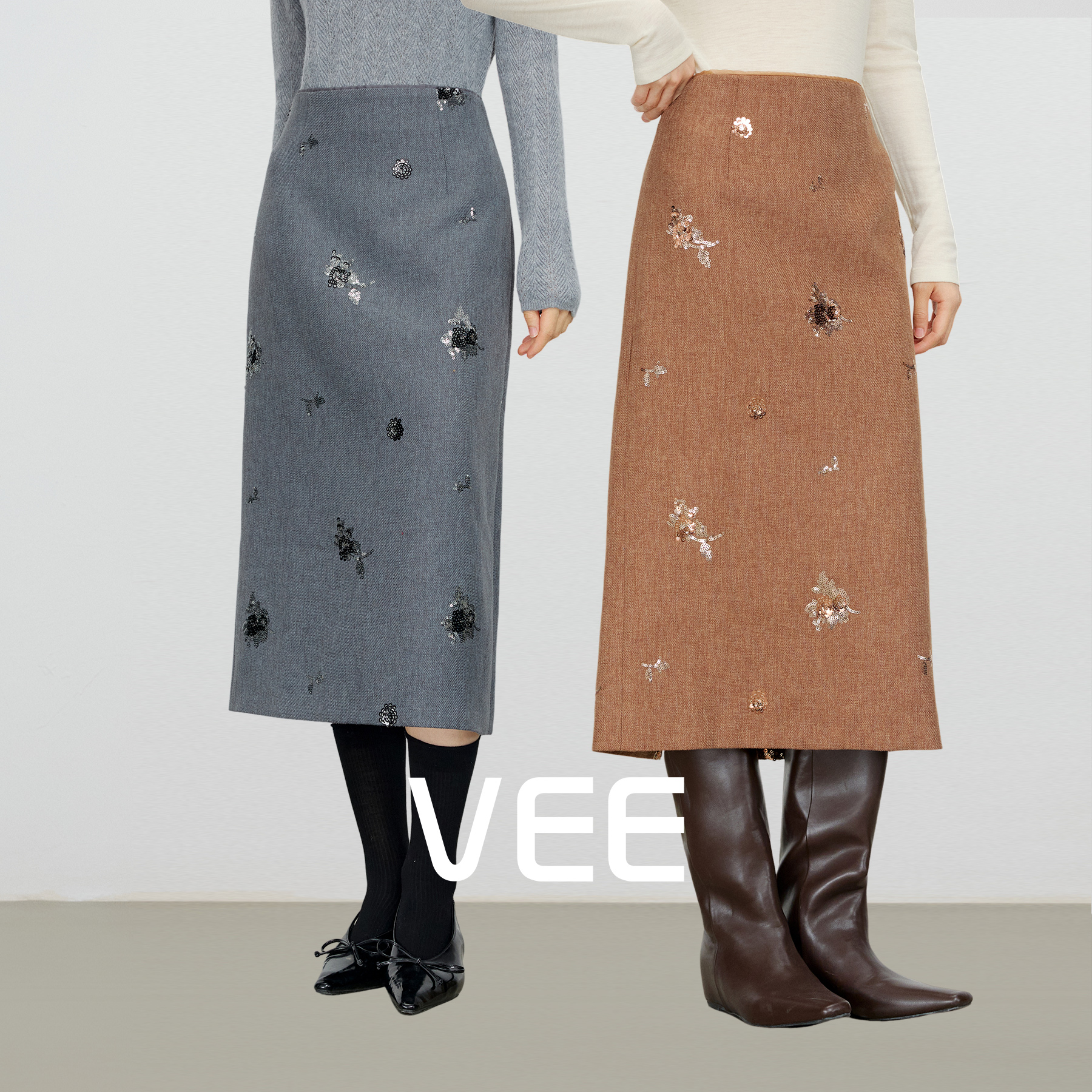 VEE【星光灿烂】重工珠片绣a字半身裙女冬新款百搭显瘦直筒裙子