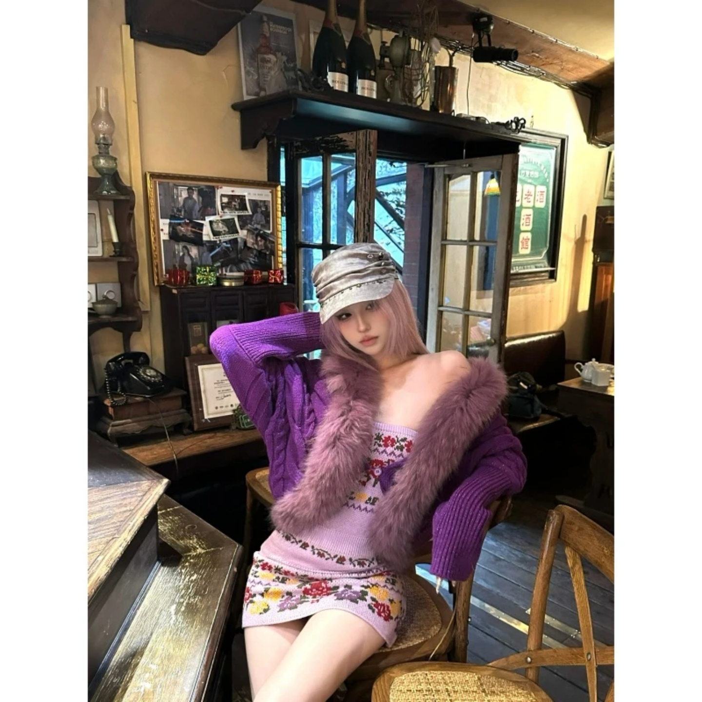 韩系紫色毛领针织毛衣外套女装秋冬季慵懒风费尔岛针织紧身包臀裙