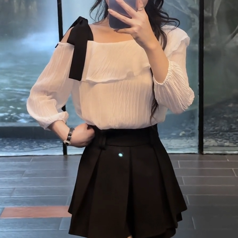 设计灯笼袖洋气超仙雪纺衬衫女半袖夏季新款上衣斜肩吊带露肩t恤