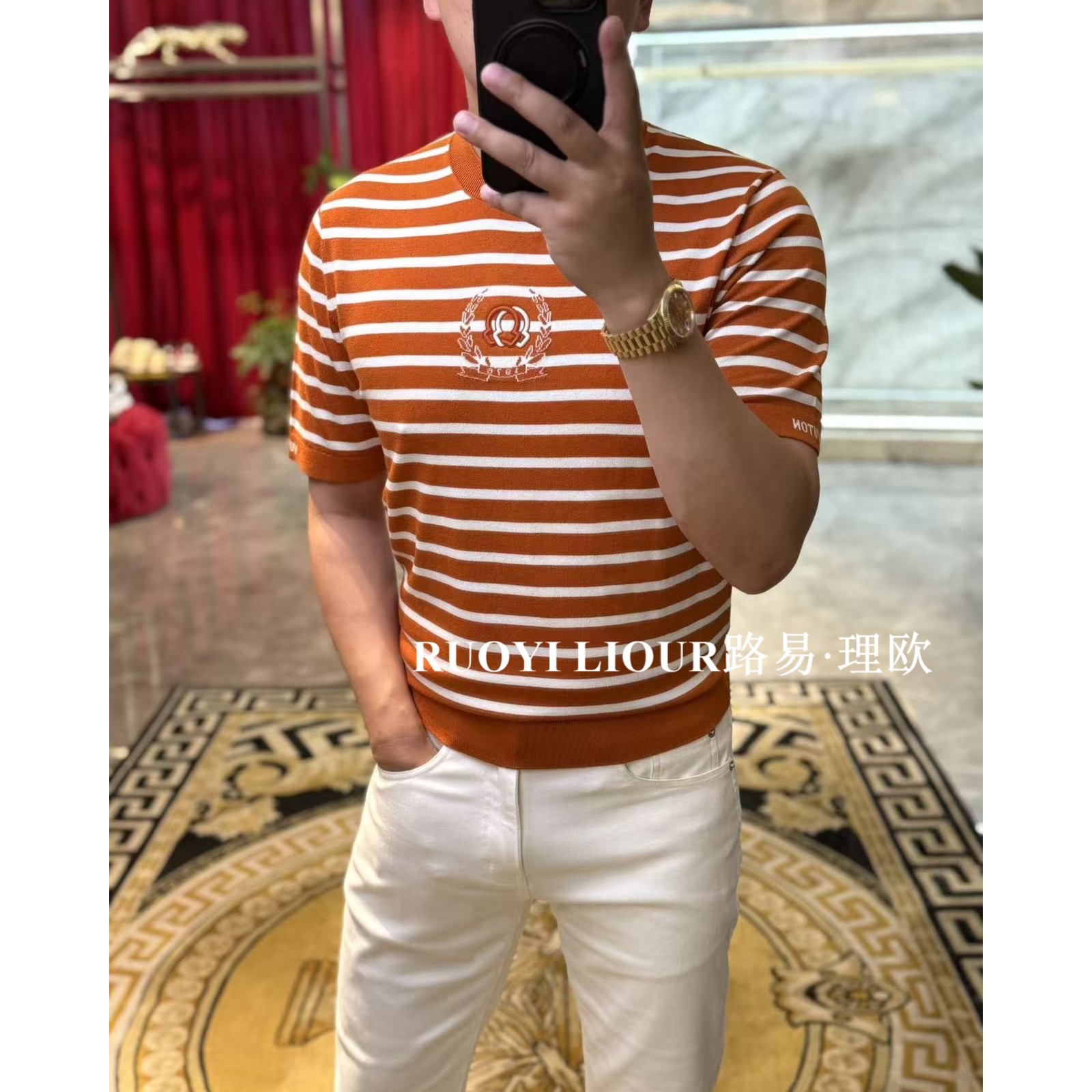 【路易理欧】欧货时尚百搭潮流条舒适轻奢刺绣标针织短袖0384