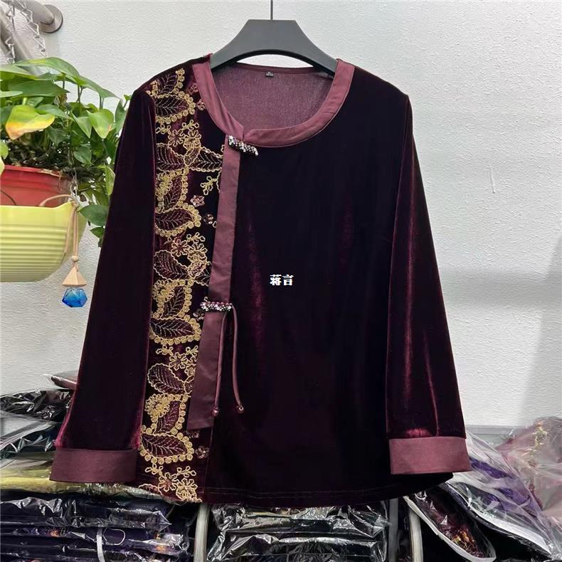 T恤旗袍丝绒妈妈高档秋冬50款小衫设计减龄-60岁上衣撞色拼接新款