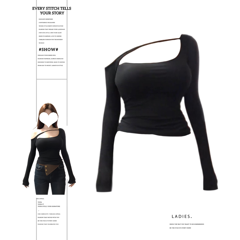 大码胖MM美式辣妹斜领长袖T恤女秋季设计感小众修身显瘦打底上衣