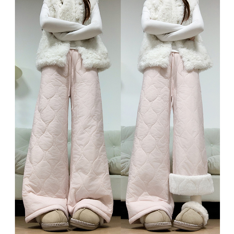 粉色防风棉裤女秋冬季2025新款休闲外穿保暖加绒裤子羊羔绒阔腿裤