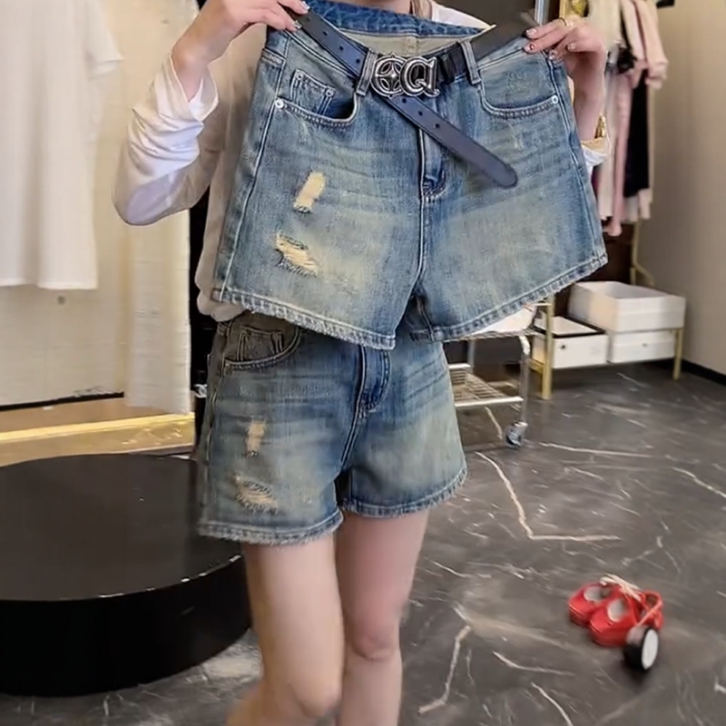 大码女装减龄宽松破洞直筒裤子2025夏季新款薄款高腰显瘦牛仔短裤