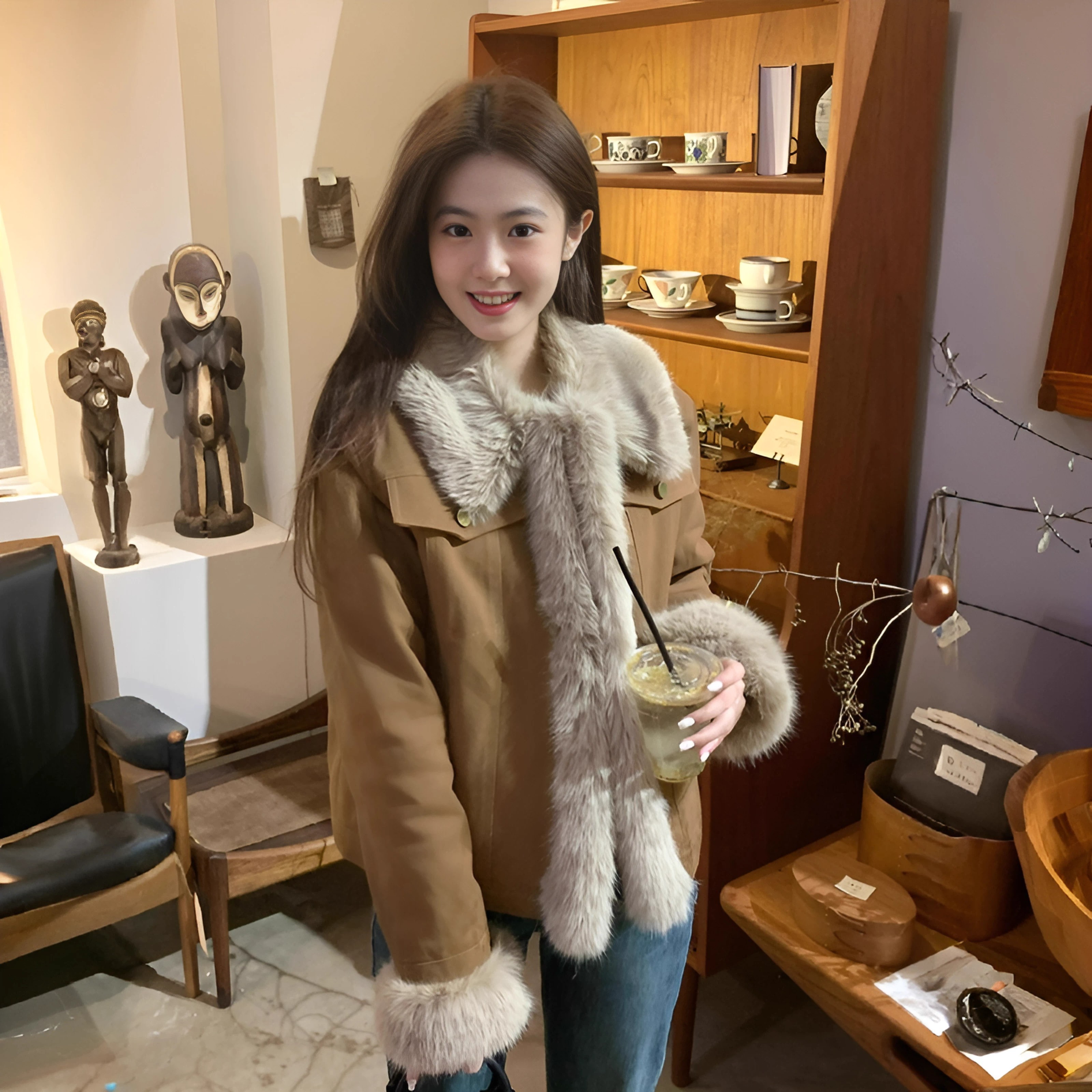 2025新款美拉德复古棕色韩系外套女秋冬加厚短款拼接毛毛上衣棉服