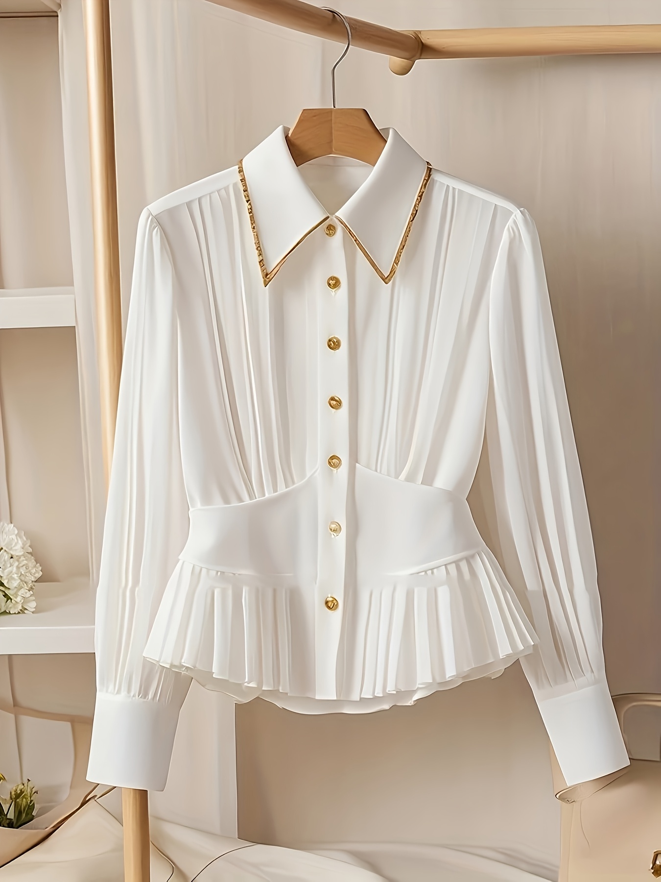 7756#法式Polo领白色长袖衬衫女秋季高级感压褶轻奢气质名媛上衣