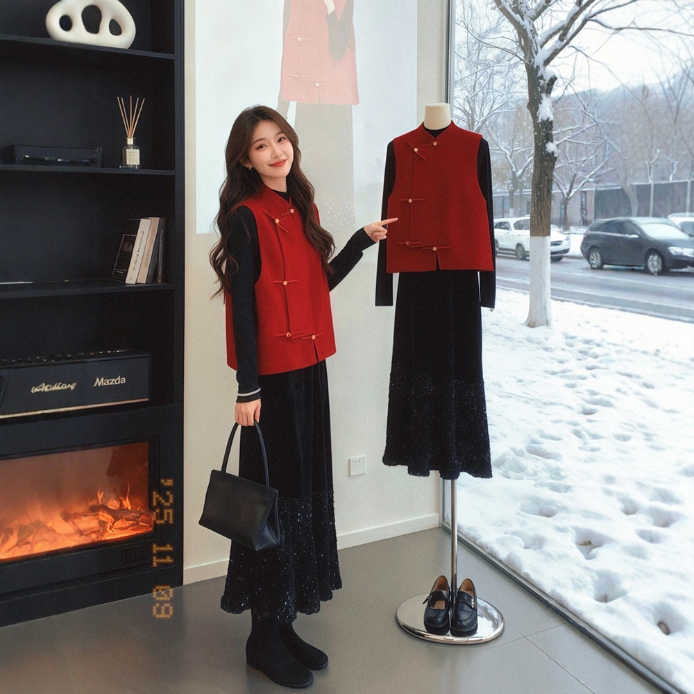 冬装搭配一整套新中式红色盘扣马甲打底衫半身裙巨好看三件套装女