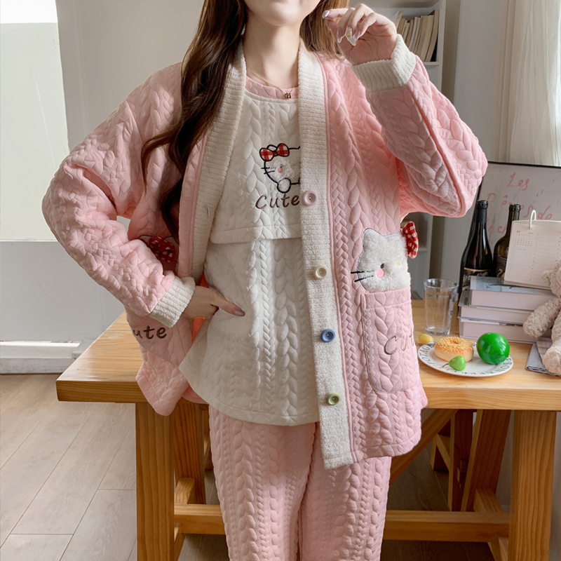 秋冬季加厚三件套空气棉孕妇睡衣月子服进产房生产服哺乳可外穿款