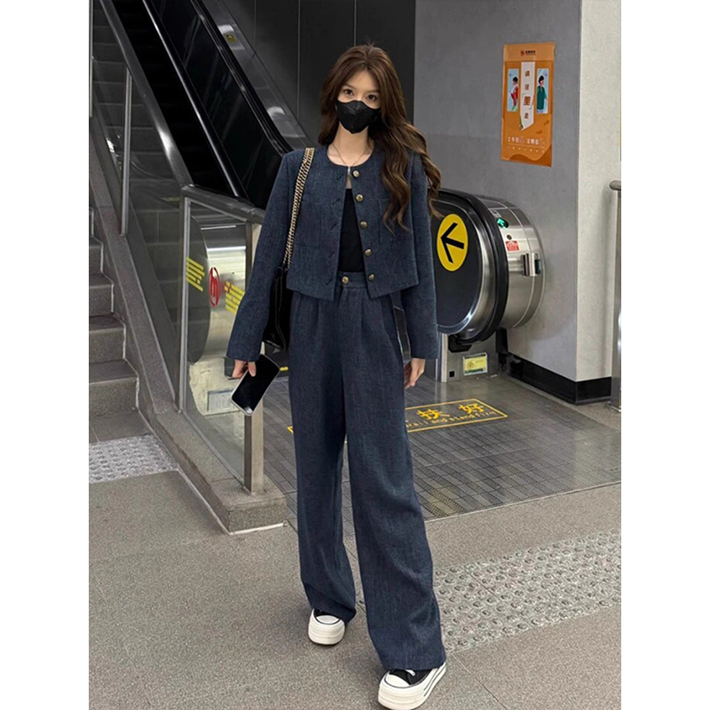 拉夏贝尔新款圆领短款外套阔腿裤两件套女2025秋韩版时尚复古套装