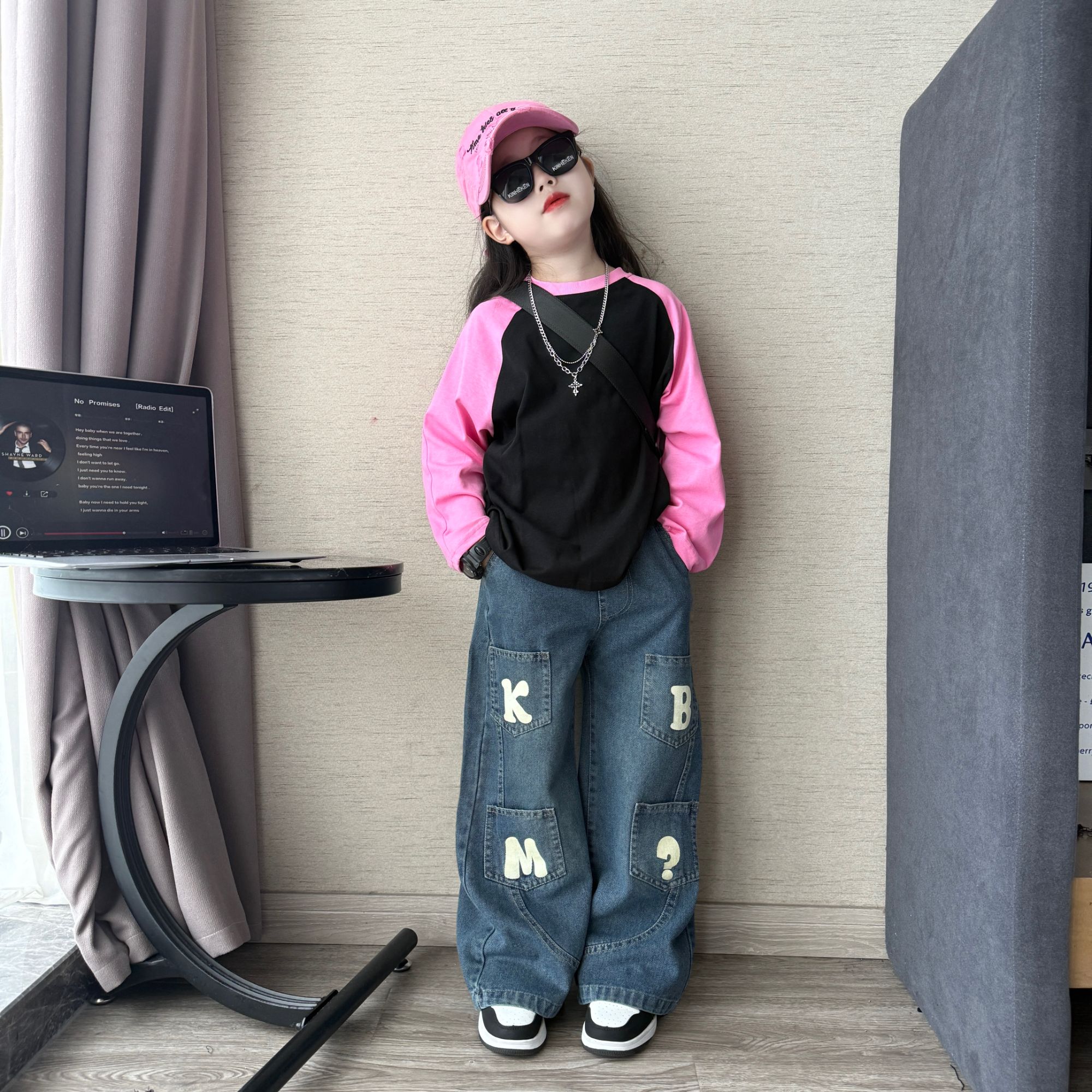 女童秋季韩版休闲宽松拼色长袖T恤中大童时尚潮酷牛仔工装裤