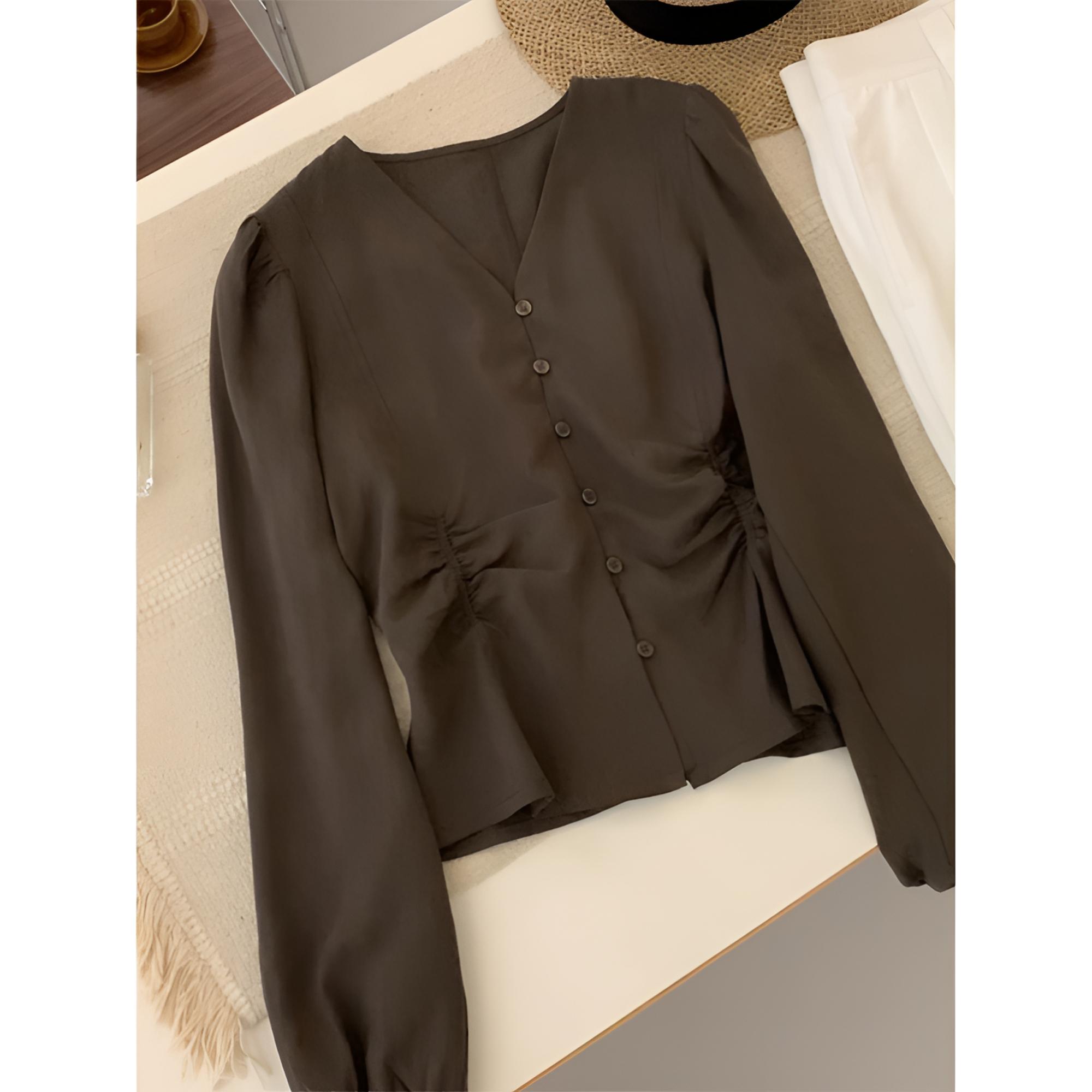 法式设计感小众v领咖色衬衫上衣女2025新款早秋洋气抽褶长袖衬衣