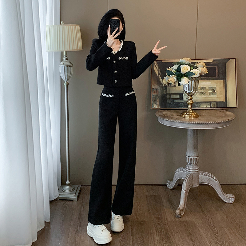 Beauty私服高级感黑色时尚套装秋冬2025新款法式小香风上衣直筒裤