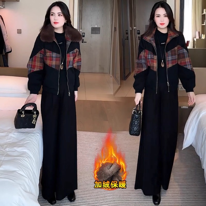 加绒加厚时尚牛仔短外套女冬季新款宽松显瘦格子拼接休闲夹克上衣