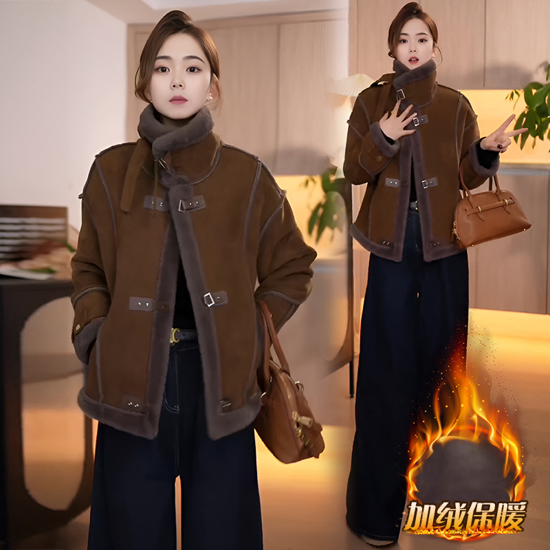 美拉德穿搭皮毛一体外套女2025年冬季新款加绒加厚毛毛机车上衣