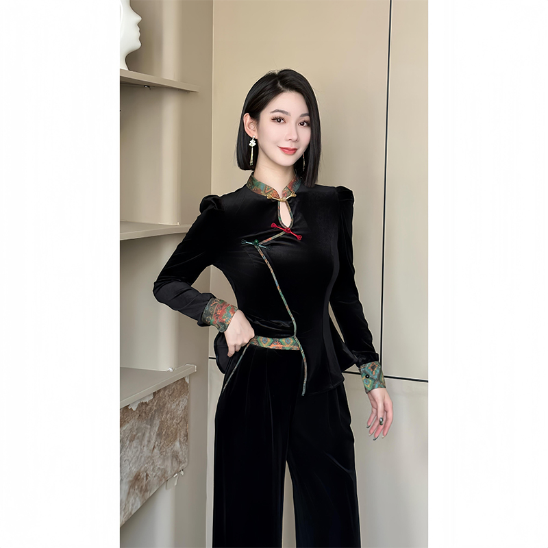 格娜2025秋季新款水滴领气质新中式长袖衬衫复古丝绒别致小众套装