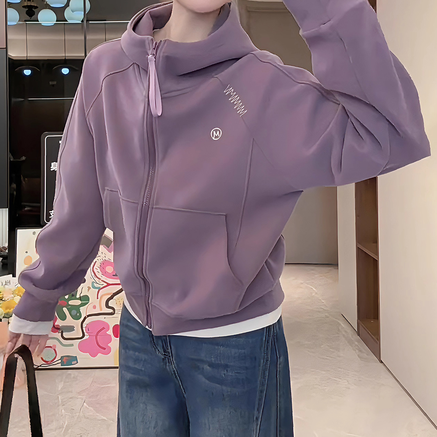 休闲百搭上衣秋季新款胖MM大码女装连帽字母刺绣卫衣棒球服外套女