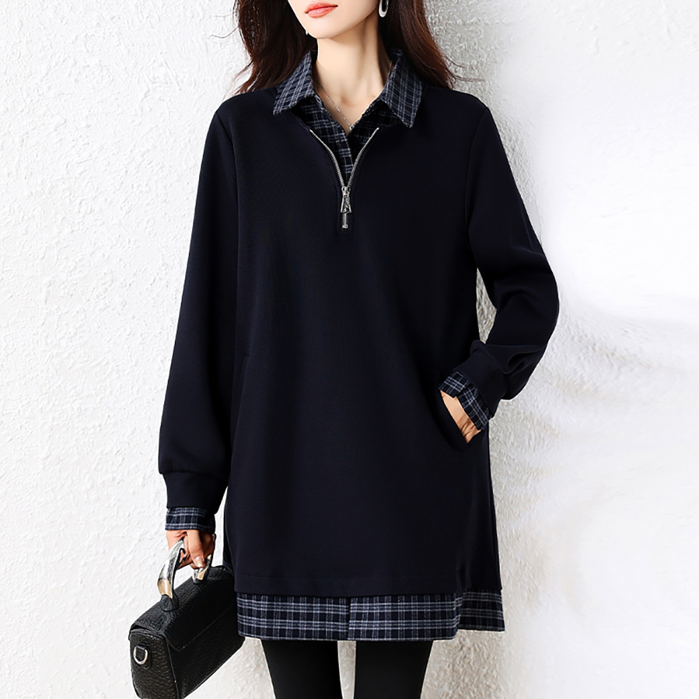 2025秋冬新款女假两件中长款卫衣时尚减龄宽松慵懒显瘦polo领上衣