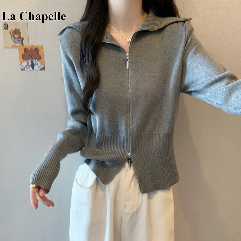 拉夏贝尔大码设计感双拉链别致针织衫女秋冬胖mm遮肚上衣毛衣外套