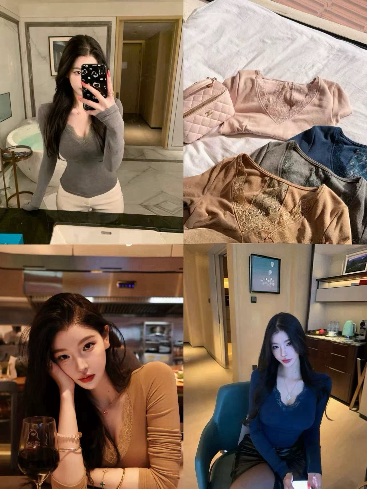 蕾丝拼接性感v领长袖T恤女冬季修身收腰纯欲风上衣薄绒内搭打底衫