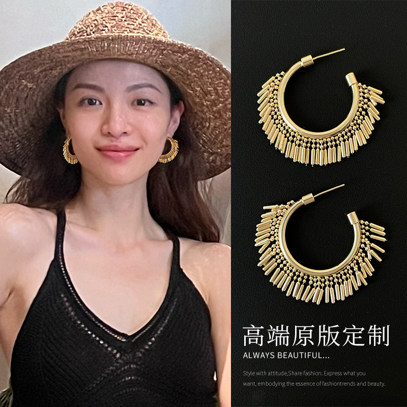 铜合金耳饰 钟楚曦同款民族风夸张流苏耳圈方圆脸显脸小耳环女夏