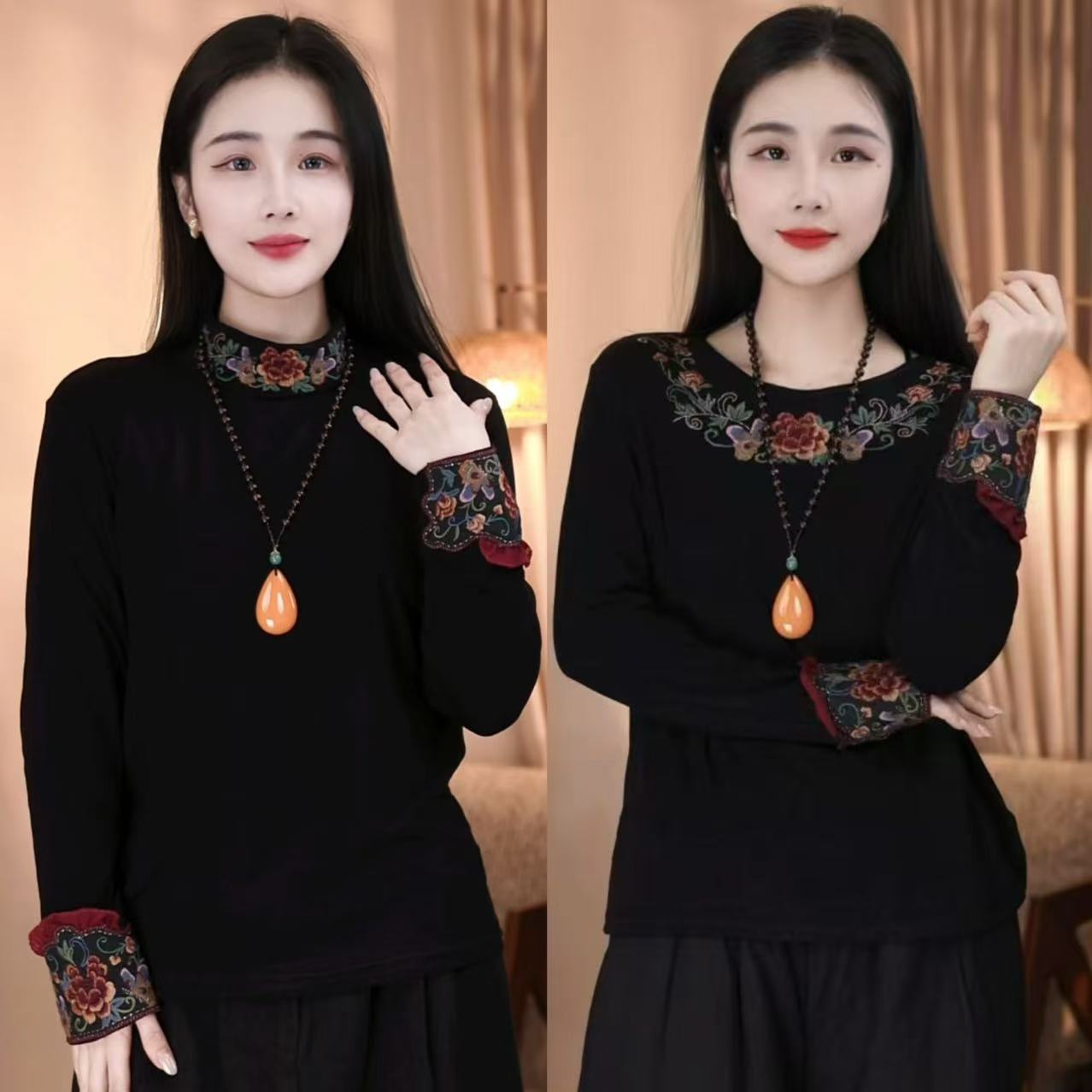 引卷  秋季新款中国风套头文艺民族风刺绣打底衫