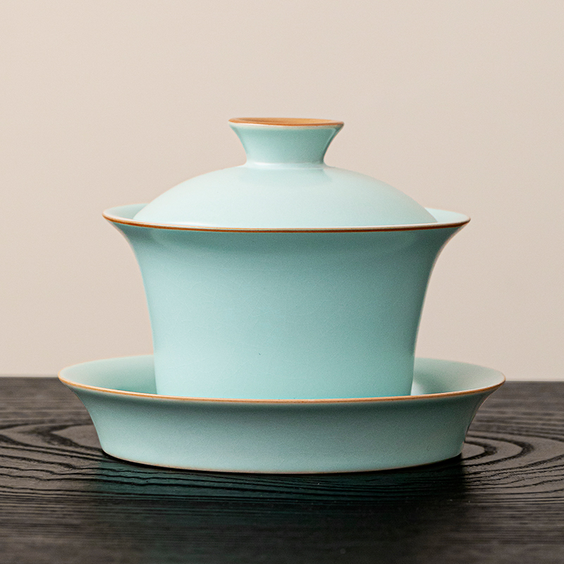 【唐丰】汝窑三才盖碗复古陶瓷中式茶道青瓷天青色带盖冰裂纹茶盖碗