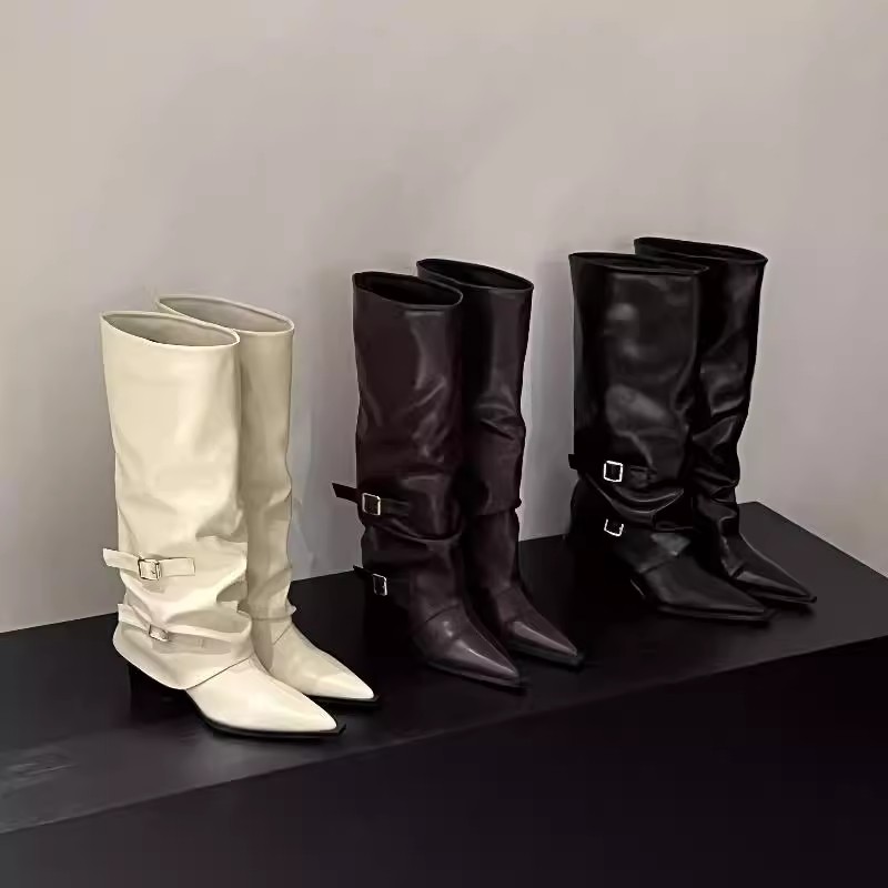 WANSSENY裤筒靴尖头靴子长靴女2025新款秋冬黑色堆堆靴长筒骑士靴