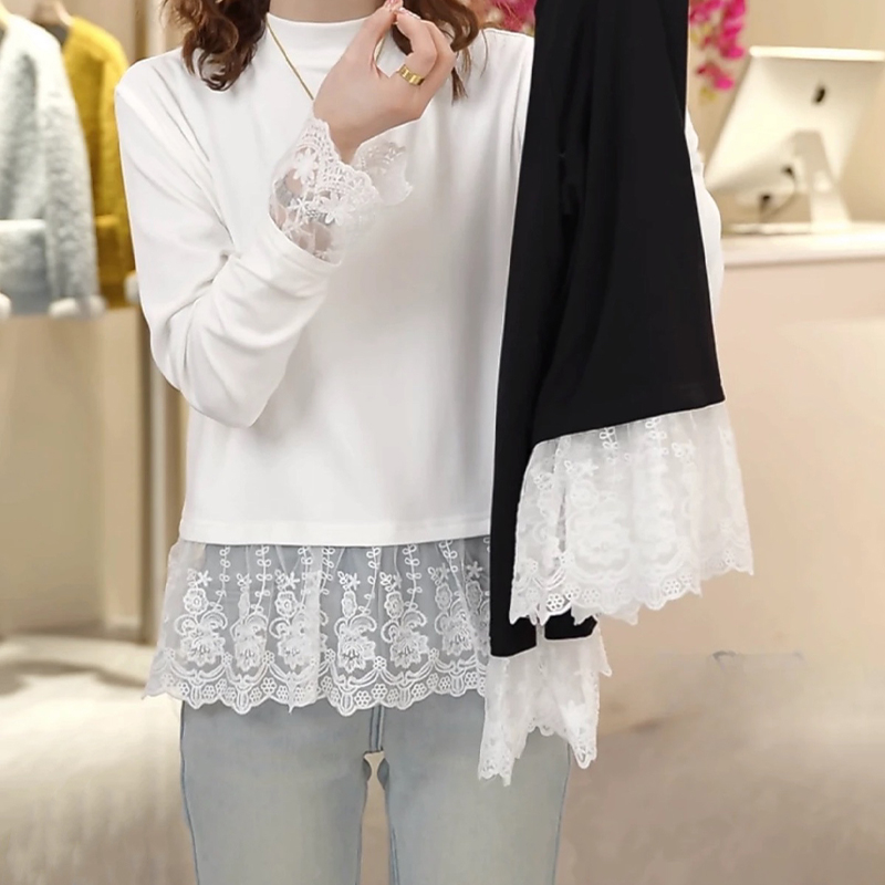 蕾丝拼接磨毛长袖花边打底衫女2025年秋冬季新款休闲内搭套头上衣