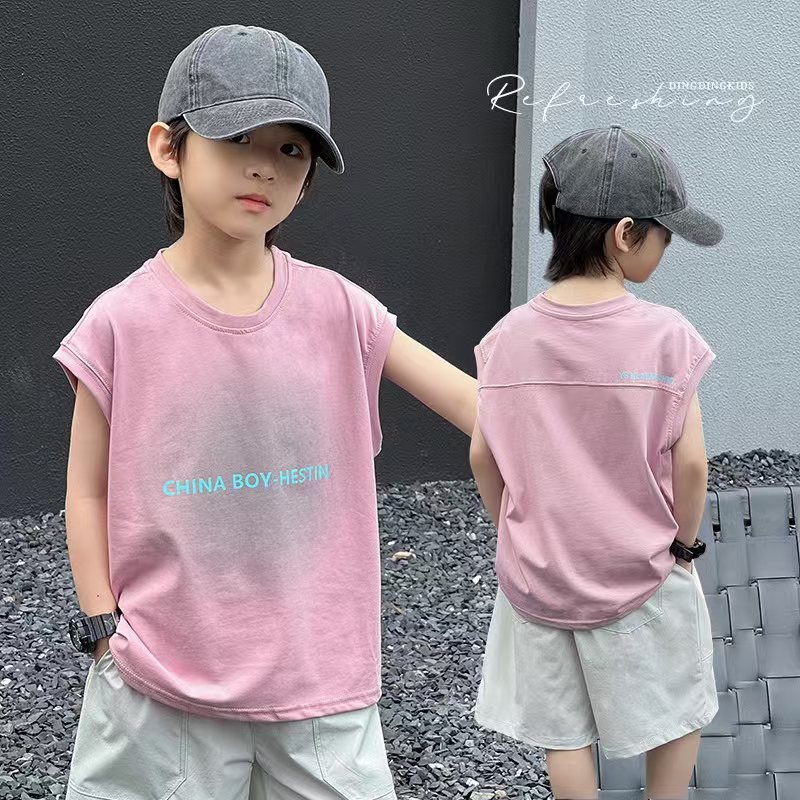 娇娃布迪儿童粉色纯棉背心夏季新款衣服男童无袖T恤上衣宽松衣服