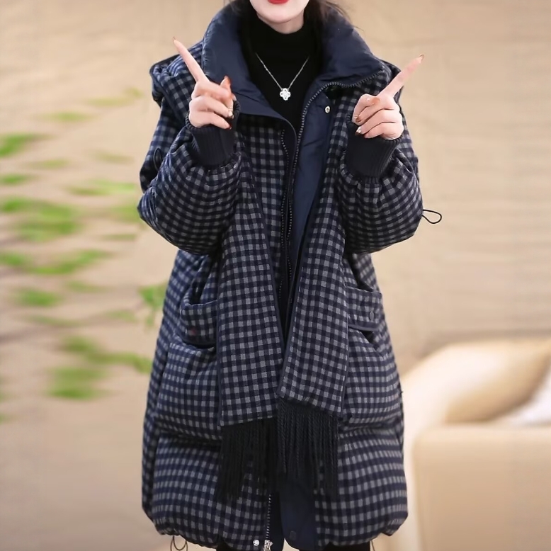 高档轻奢格纹精纺羽绒棉服大码遮肉宽松防寒保暖大衣外套帽子可拆
