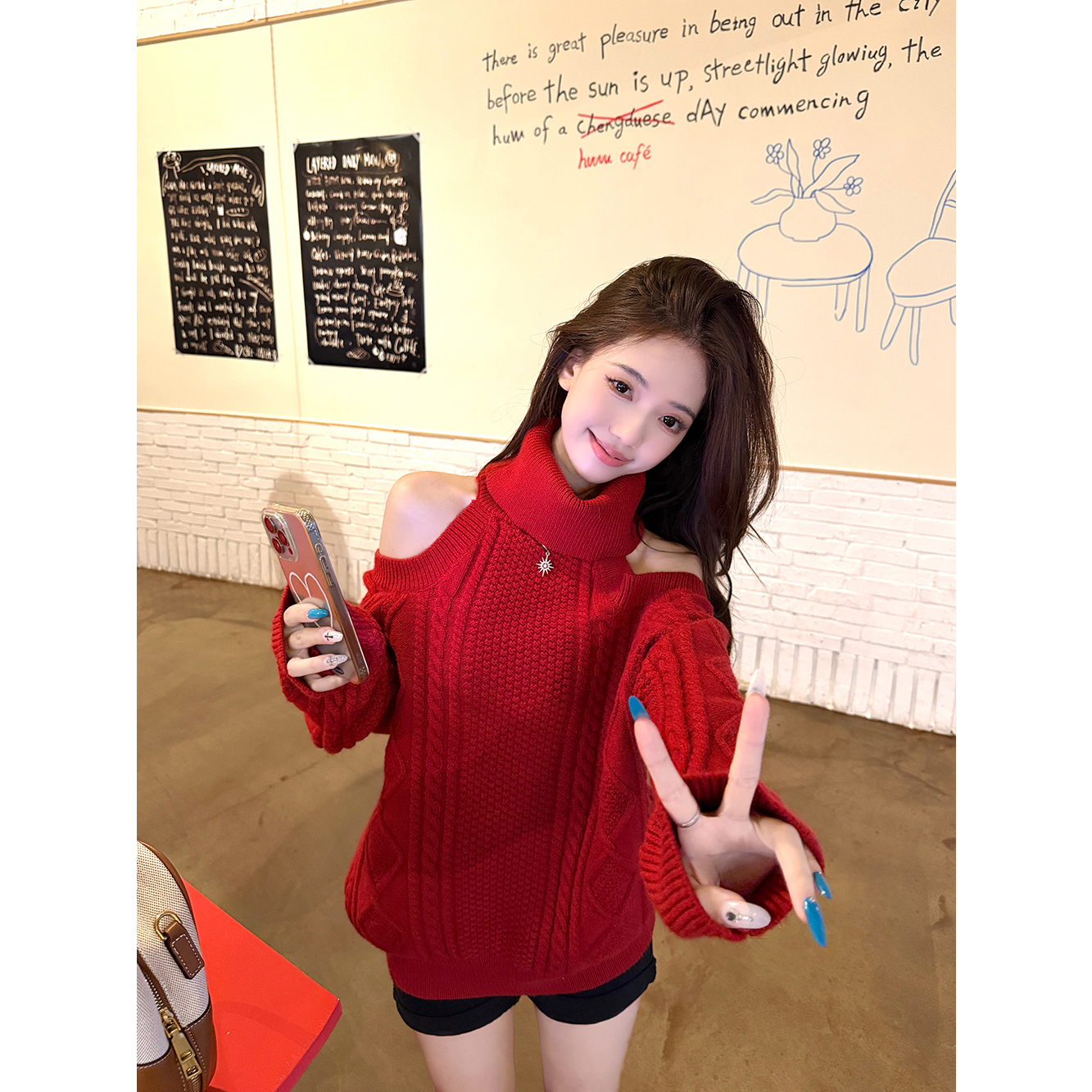 纯欲风玫瑰礼记高领露肩麻花毛衣女秋冬慵懒感加厚针织衫上衣外套