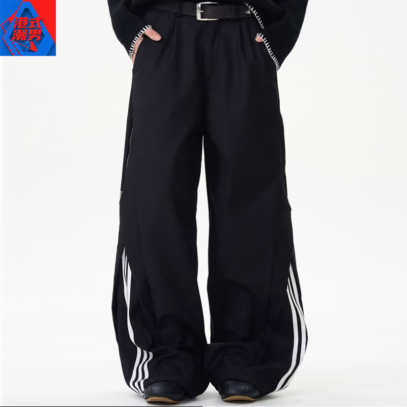 美式复古三杠西裤男春秋季潮流宽松直筒休闲裤男高街阔腿运动裤男