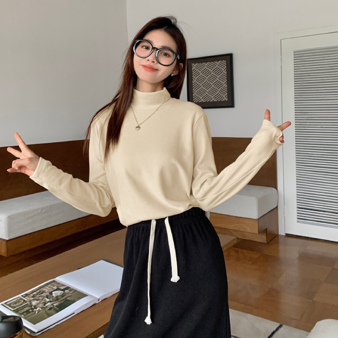 女士中领百搭纯色双面绒长袖保暖加绒加厚半高领秋冬时尚打底衫