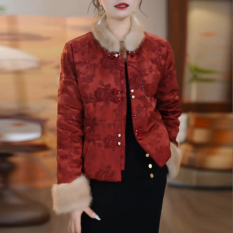 提花缎红色国风棉服加厚保暖短款棉衣外套2025冬季新款小个子棉袄