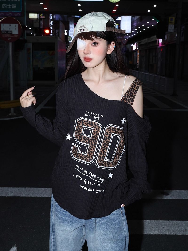 豹纹贴布刺绣斜肩肌理感长袖T恤女早秋季新款宽松慵懒感露肩上衣