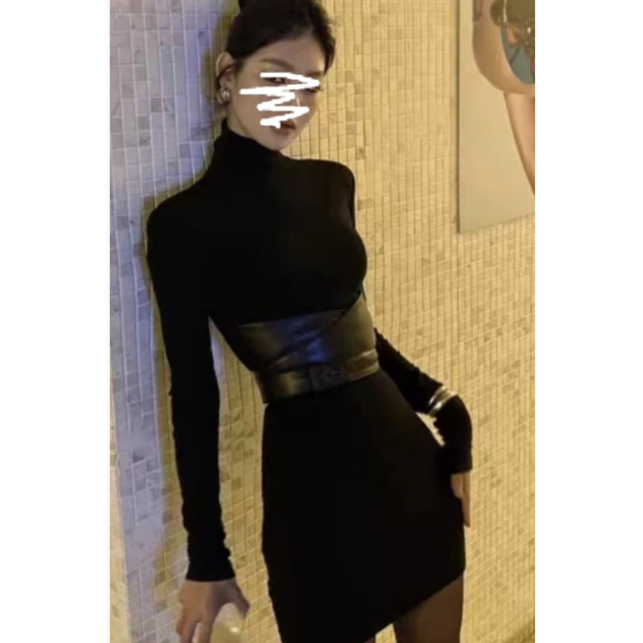 黑色赫本风长袖紧身性感包臀裙拼接收腰连衣裙时尚显身材鱼尾裙女