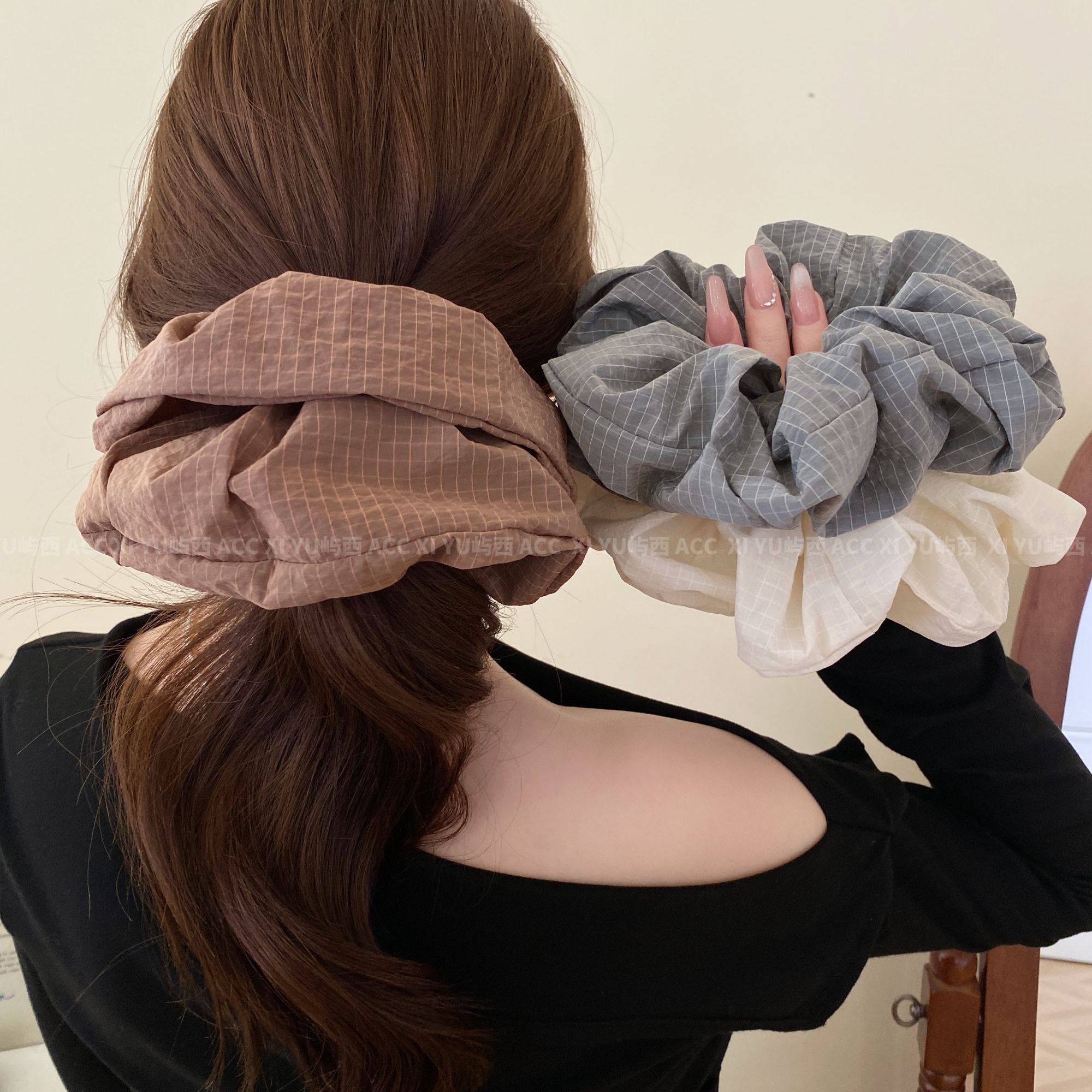 韩系格纹大肠发圈超大发绳简约温柔气质发饰春夏新款森系百搭头花