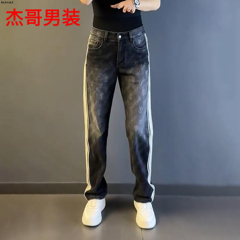 秋冬织带黑色牛仔裤直筒男裤大码宽松时尚休闲薄款男士痞帅长裤潮