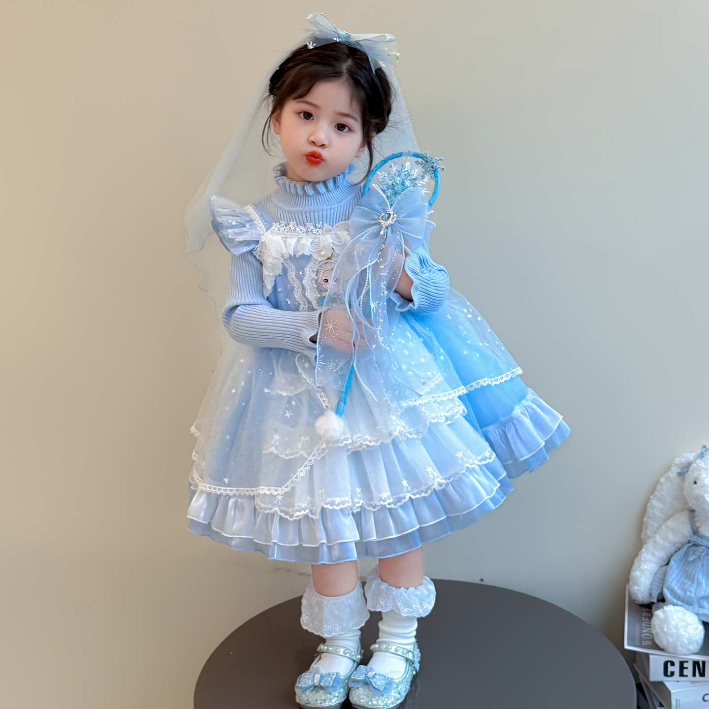 巴拉童年女童艾莎公主毛衣裙秋冬连衣裙儿童蛋糕纱裙生日礼服女孩
