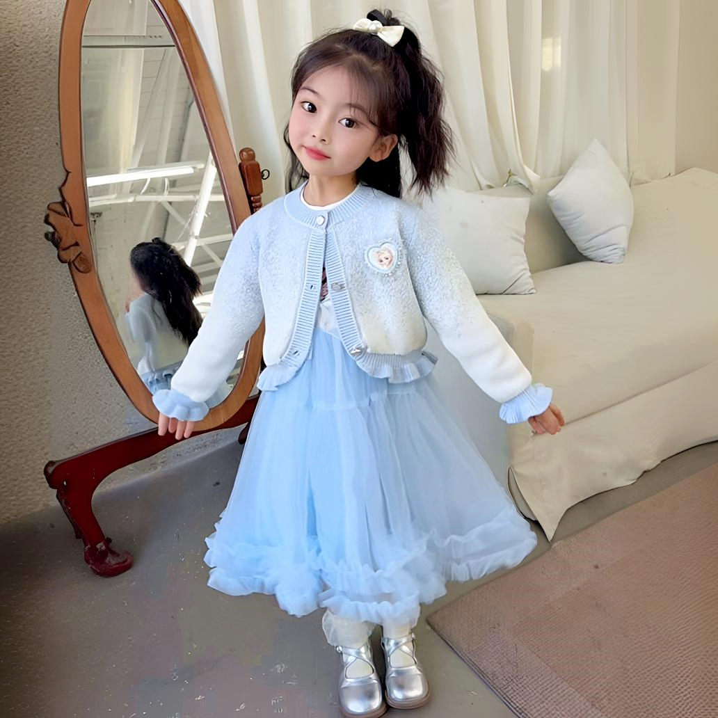 印花艾莎毛衣开衫连衣裙女童秋季公主裙凸凸裙长袖网纱裙两件套装