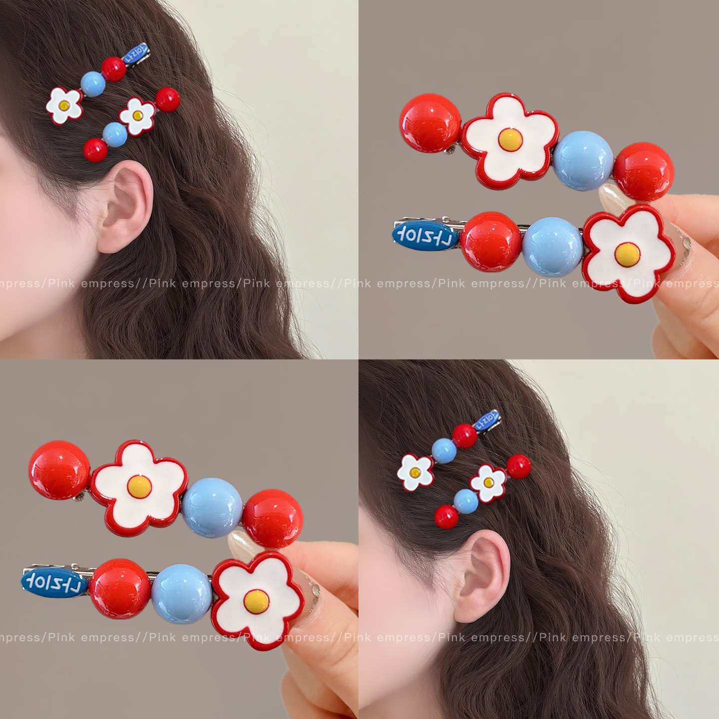 韩系红色花朵发夹女侧边碎发bb夹发卡少女高级感刘海一字夹子头饰