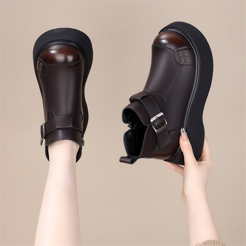 英伦风大头低帮马丁靴女2025冬季新款真皮时尚棉鞋防滑厚底显脚小