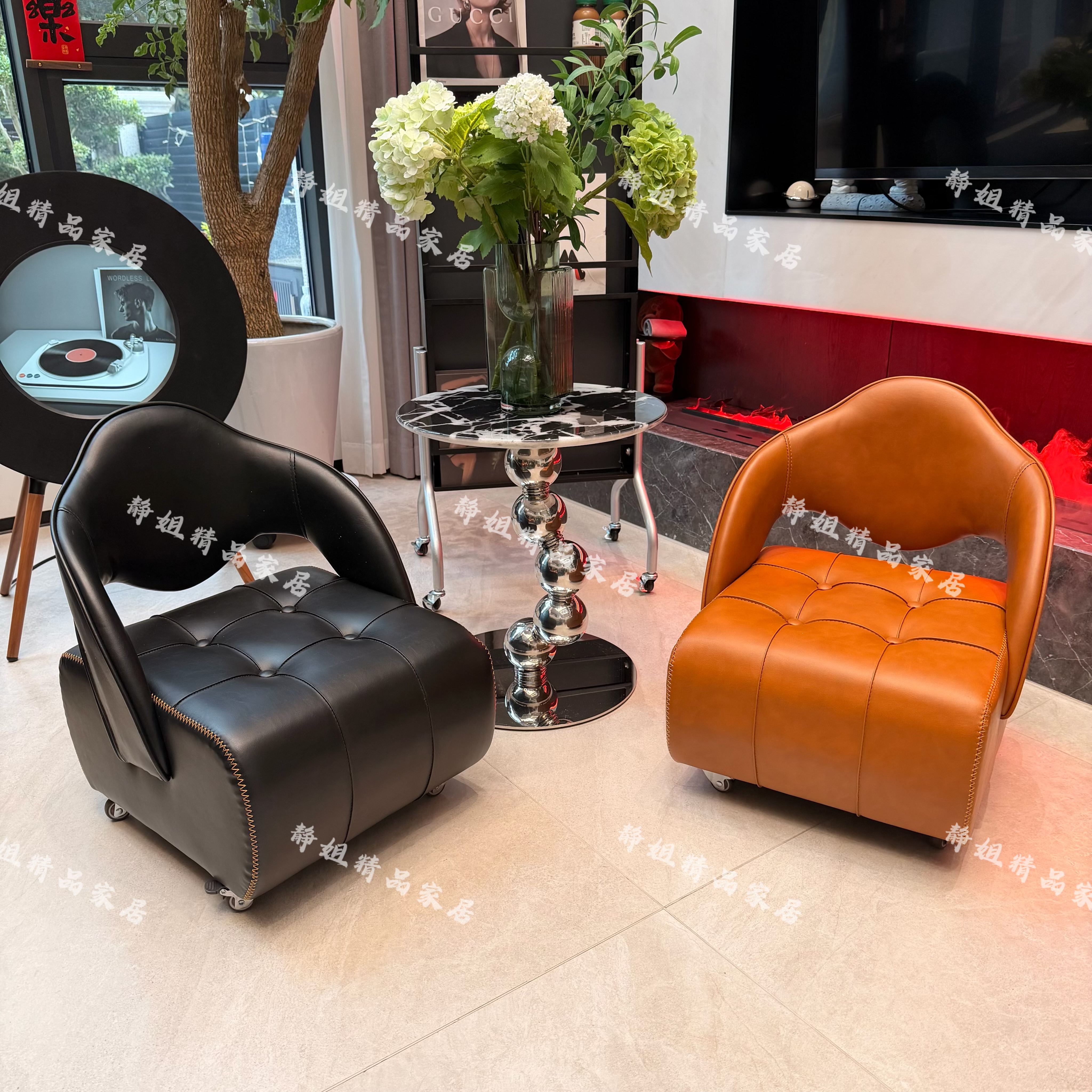 现代轻奢阳台单人休闲椅落地沙发凳家用异形靠背懒人滑轮凳