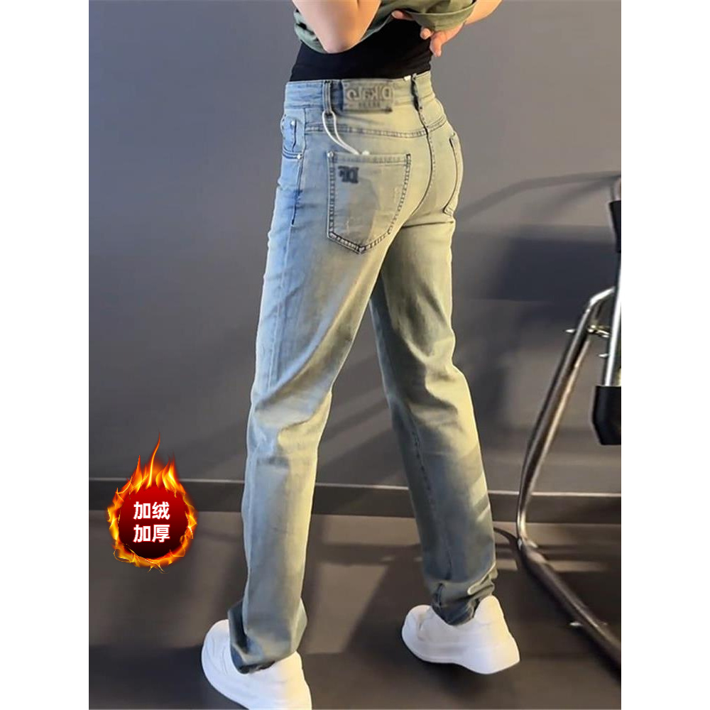秋冬大码新款加绒加厚设计感牛仔裤男款宽松高级感直筒休闲长裤子