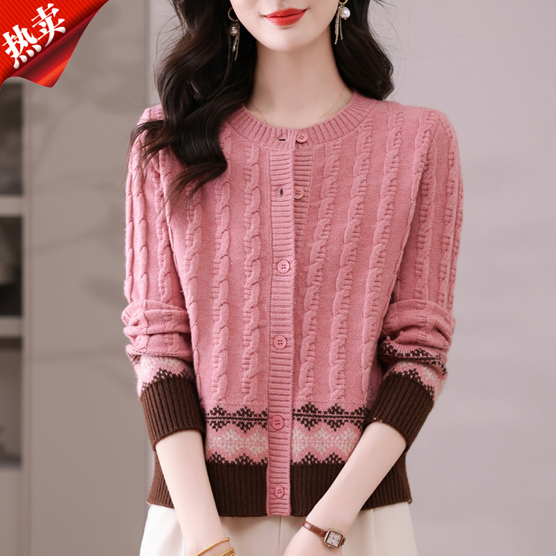 女士洋气百搭时尚圆领温柔知性减龄麻花上衣遮肉显瘦气质针织外套
