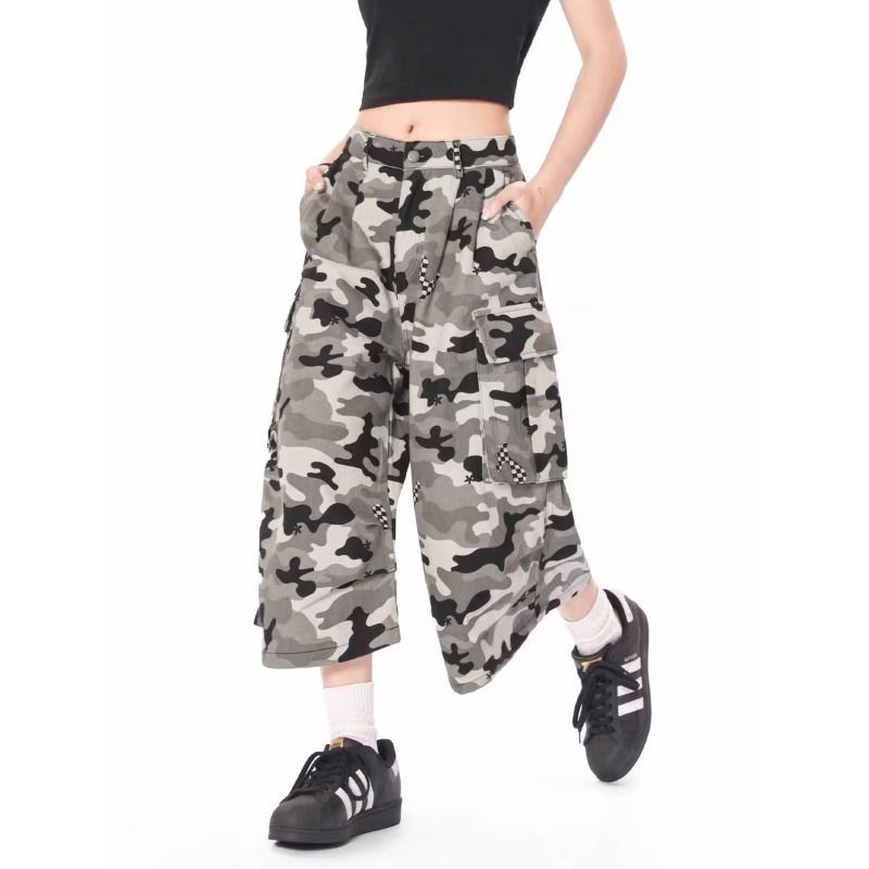 复古街头风迷彩多口袋牛仔七分裤美式压褶宽松男女帅气阔腿中裤潮