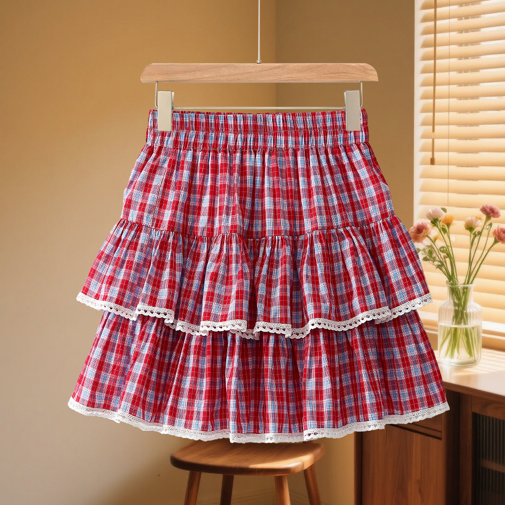 2025新款韩系短裙蕾丝蛋糕格纹松紧显瘦半身裙女格子甜美拼接夏季
